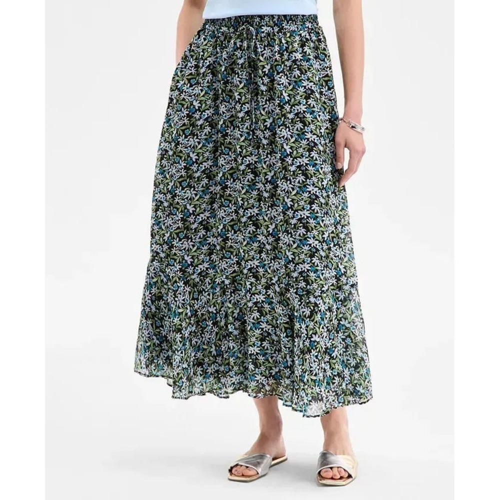 On 34th Women's Floral Tiered Midi Skirt w/ Elastic Waist - Black/Blue/Green 3XL